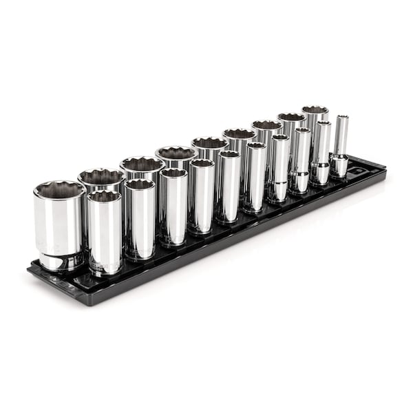 1/2 Inch Drive Deep 12-Point Socket Set with Rails, 19-Piece (3/8-1-1/2 in.)
